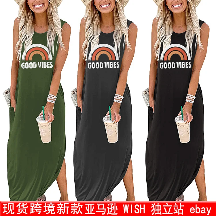 Spot Amazon Independent Station Ebay Women's Dress Good Vibes Rainbow Flap Pocket Pants Casual Sleeveless Long Skirt