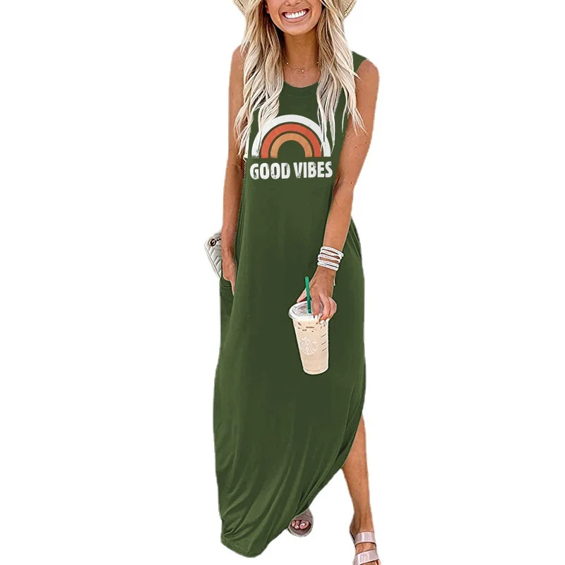 Spot Amazon Independent Station Ebay Women's Dress Good Vibes Rainbow Flap Pocket Pants Casual Sleeveless Long Skirt