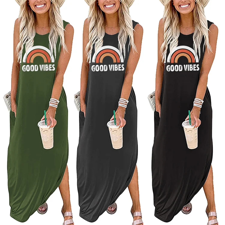 Spot Amazon Independent Station Ebay Women's Dress Good Vibes Rainbow Flap Pocket Pants Casual Sleeveless Long Skirt