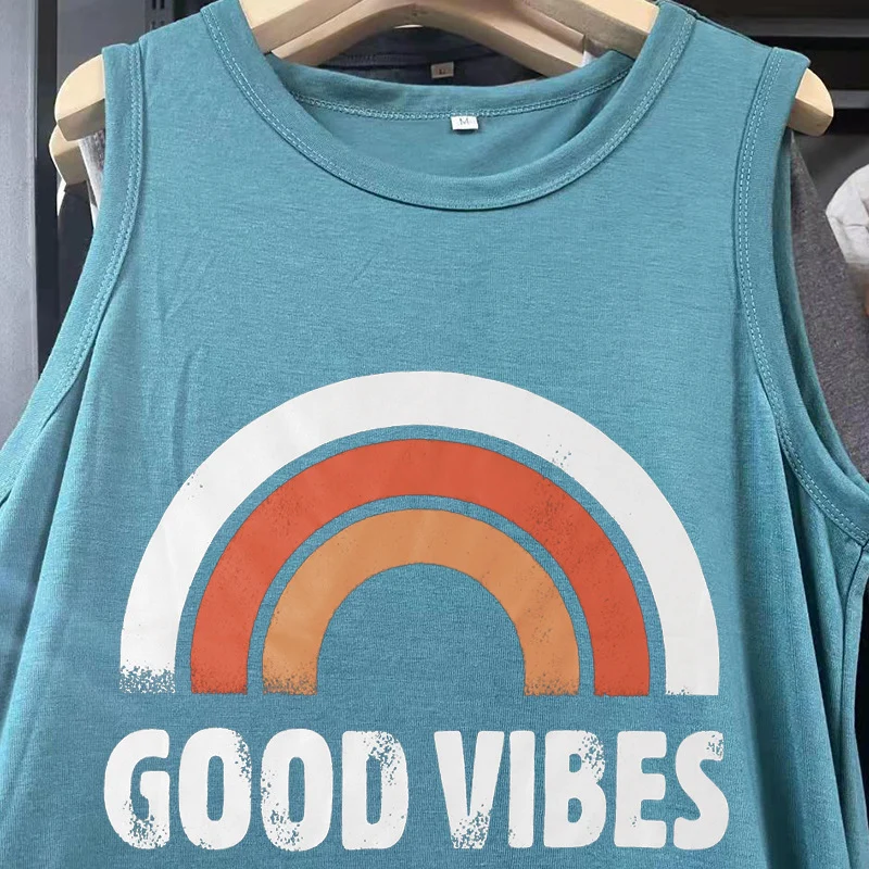 Spot Amazon Independent Station Ebay Women's Dress Good Vibes Rainbow Flap Pocket Pants Casual Sleeveless Long Skirt