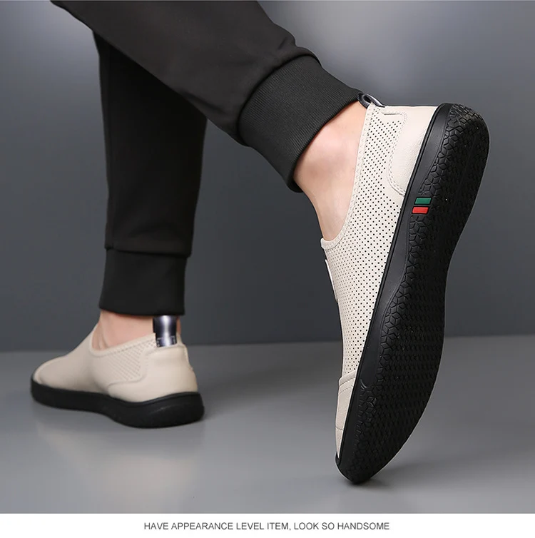 Doug Shoes Men's 2024 New Spring Lazy Slip-on Loafers Soft Bottom Driving Shoes Men's Hollow Leather Shoes
