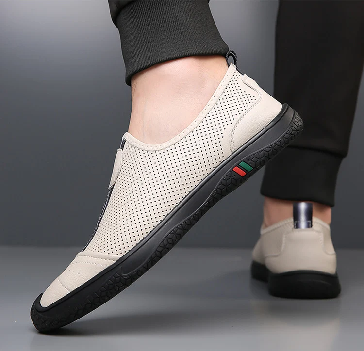 Doug Shoes Men's 2024 New Spring Lazy Slip-on Loafers Soft Bottom Driving Shoes Men's Hollow Leather Shoes