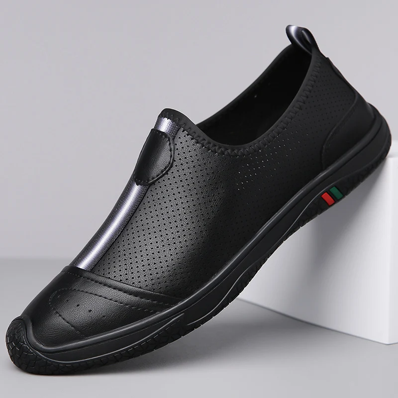 Doug Shoes Men's 2024 New Spring Lazy Slip-on Loafers Soft Bottom Driving Shoes Men's Hollow Leather Shoes