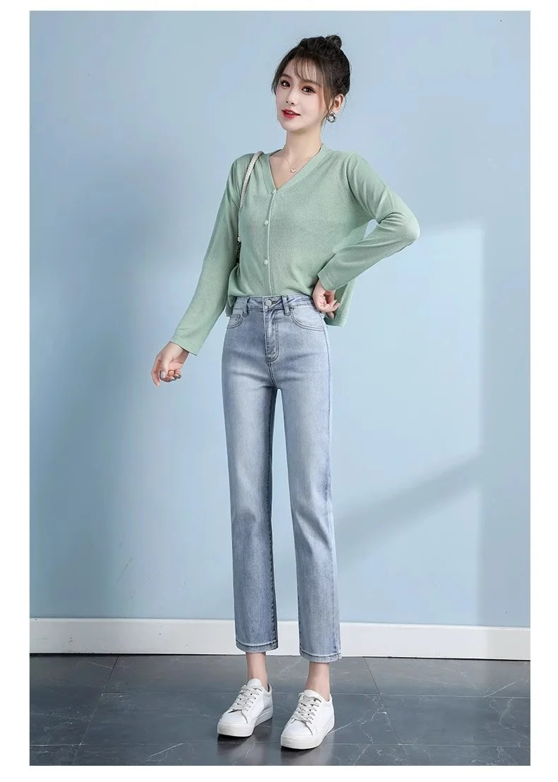 Light-Colored Straight-Leg Jeans for Women, 2026 Spring New Trendy High-Waisted Slimming Pants, Petite Cropped Cigarette Pants