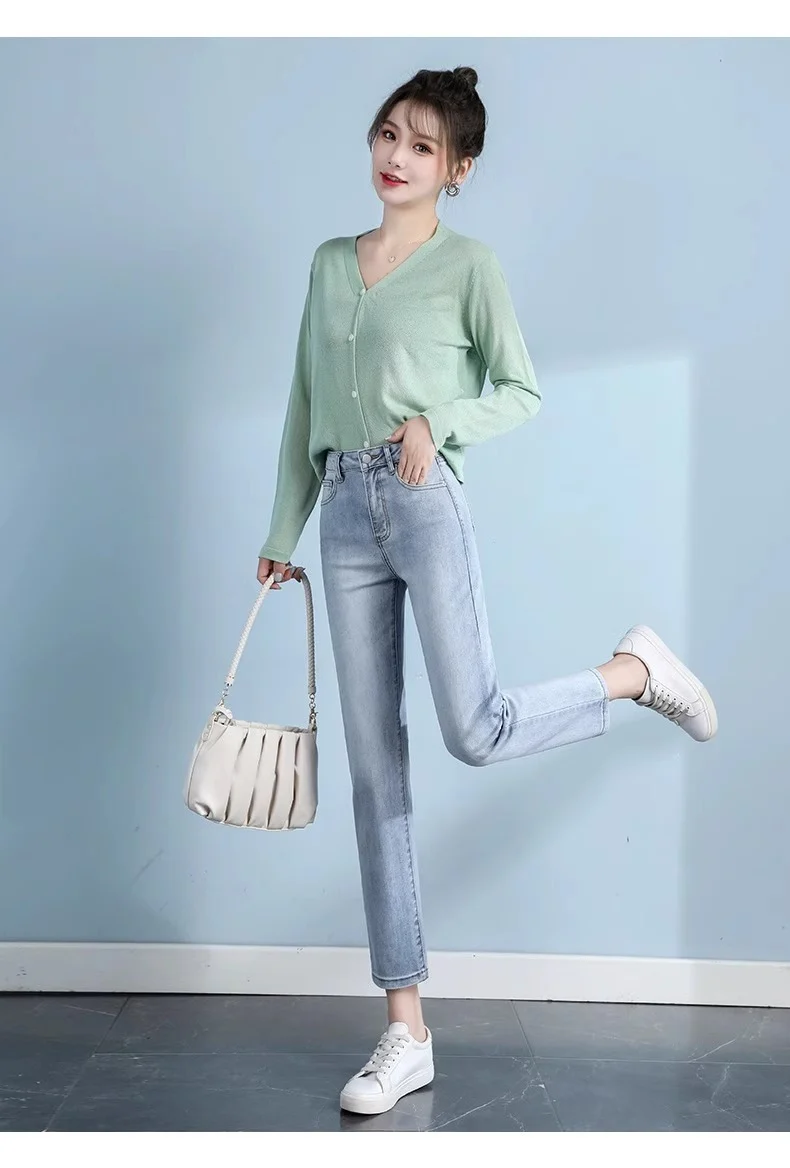 Light-Colored Straight-Leg Jeans for Women, 2026 Spring New Trendy High-Waisted Slimming Pants, Petite Cropped Cigarette Pants