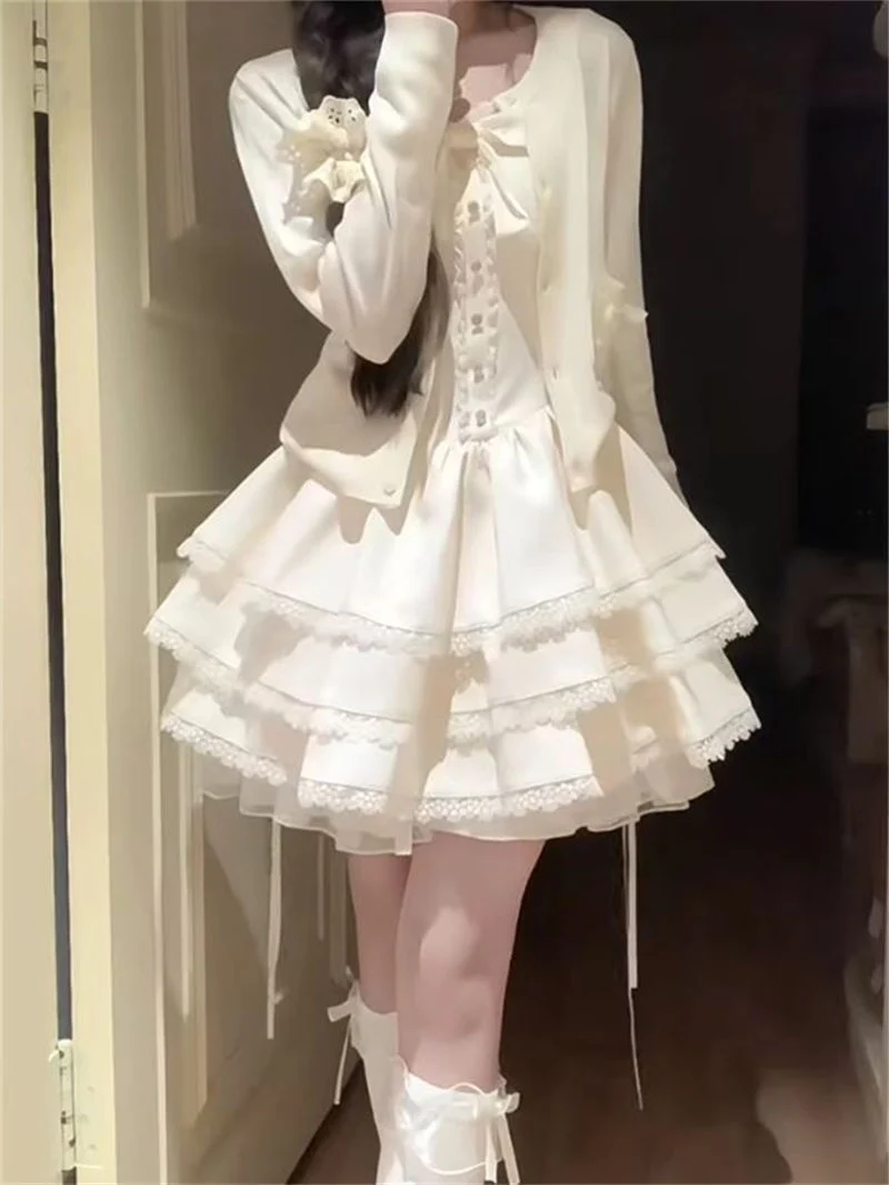 Early Spring Outfit for Petite Women: Pure and Desirable Style, High-End Cardigan Jacket, Puffy Cake Dress Two-Piece Set