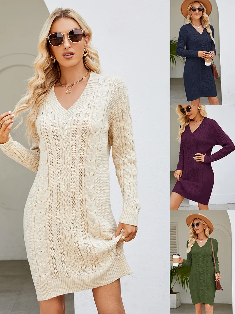 Cross-Border European and American Clothing Pure Color V Neck Long Sweater Dress Autumn and Winter Fashion Elegant Cable Bottoming Knitted Dress