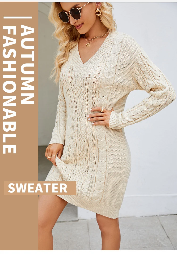 Cross-Border European and American Clothing Pure Color V Neck Long Sweater Dress Autumn and Winter Fashion Elegant Cable Bottoming Knitted Dress