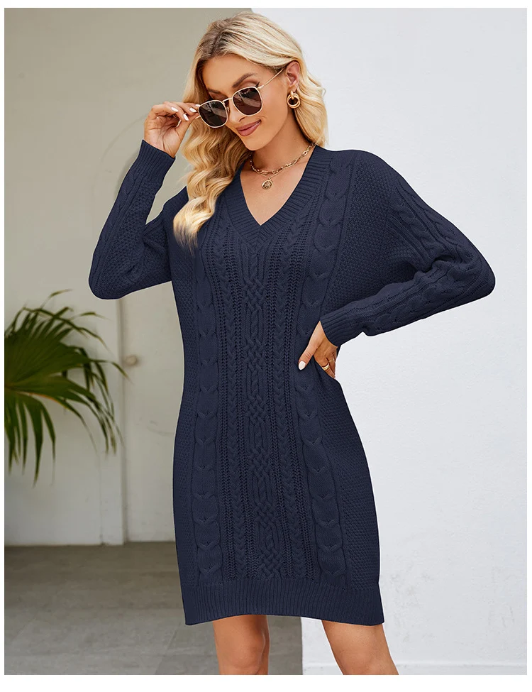 Cross-Border European and American Clothing Pure Color V Neck Long Sweater Dress Autumn and Winter Fashion Elegant Cable Bottoming Knitted Dress