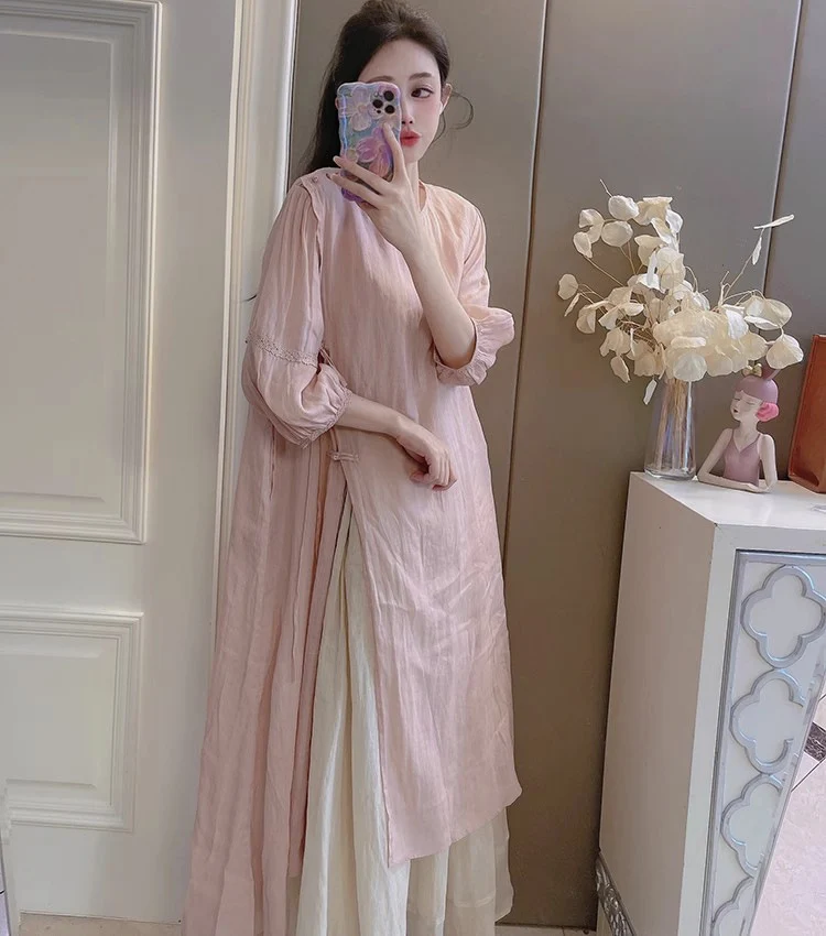 Summer New Style Quality Ramie Handmade Buckle Lace Lace Guofeng dress Double-Layer Skirt suit