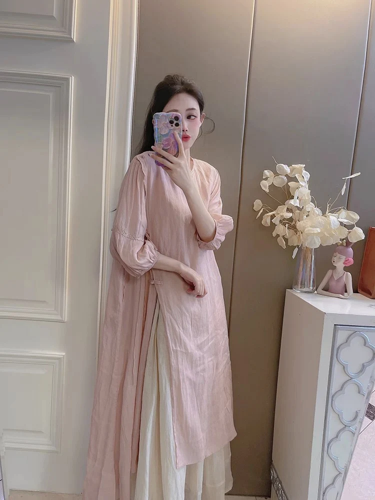 Summer New Style Quality Ramie Handmade Buckle Lace Lace Guofeng dress Double-Layer Skirt suit