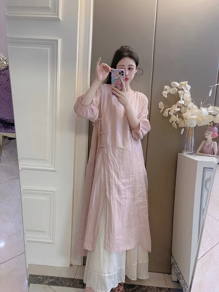 Summer New Style Quality Ramie Handmade Buckle Lace Lace Guofeng dress Double-Layer Skirt suit