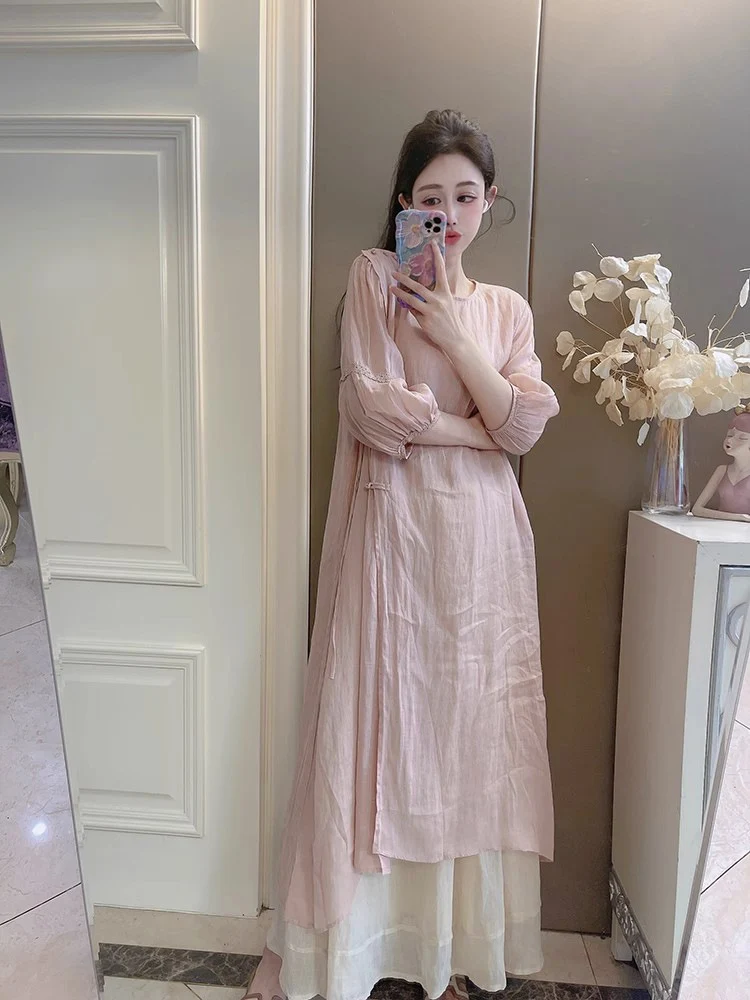 Summer New Style Quality Ramie Handmade Buckle Lace Lace Guofeng dress Double-Layer Skirt suit