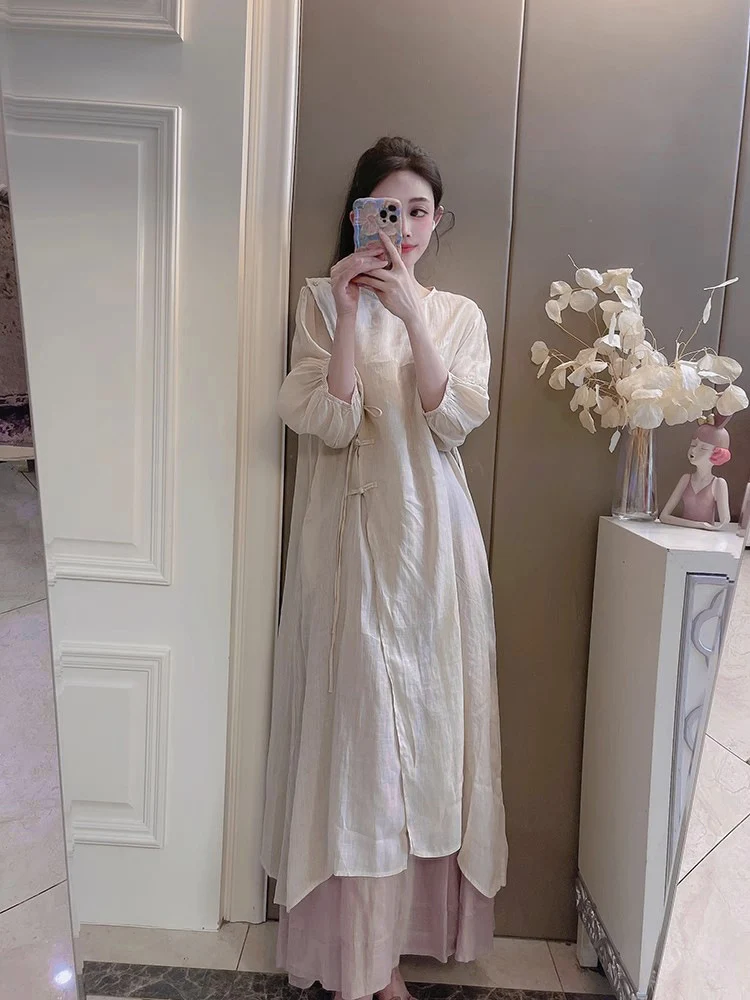 Summer New Style Quality Ramie Handmade Buckle Lace Lace Guofeng dress Double-Layer Skirt suit