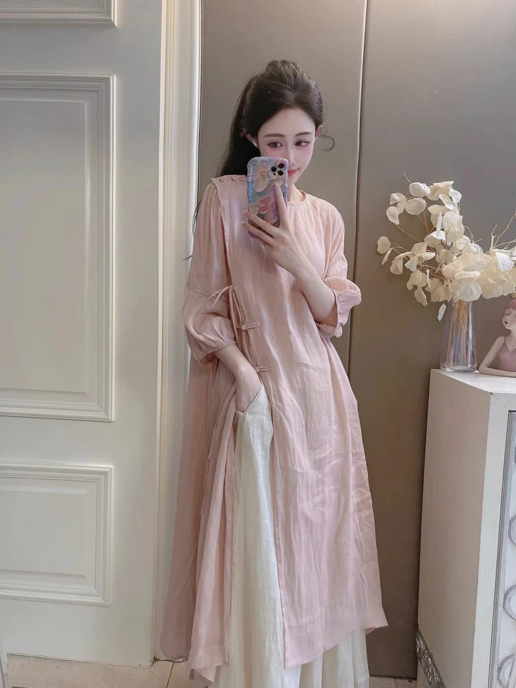 Summer New Style Quality Ramie Handmade Buckle Lace Lace Guofeng dress Double-Layer Skirt suit