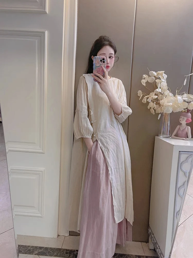 Summer New Style Quality Ramie Handmade Buckle Lace Lace Guofeng dress Double-Layer Skirt suit