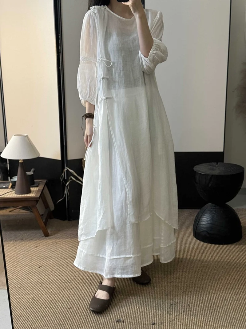 Summer New Style Quality Ramie Handmade Buckle Lace Lace Guofeng dress Double-Layer Skirt suit