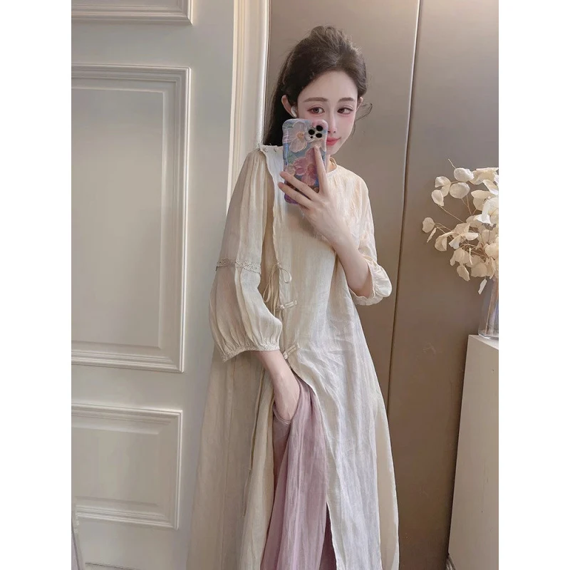 Summer New Style Quality Ramie Handmade Buckle Lace Lace Guofeng dress Double-Layer Skirt suit