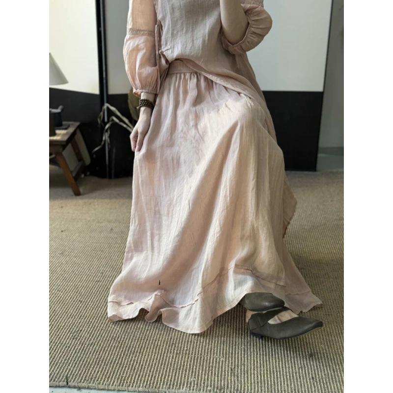 Summer New Style Quality Ramie Handmade Buckle Lace Lace Guofeng dress Double-Layer Skirt suit