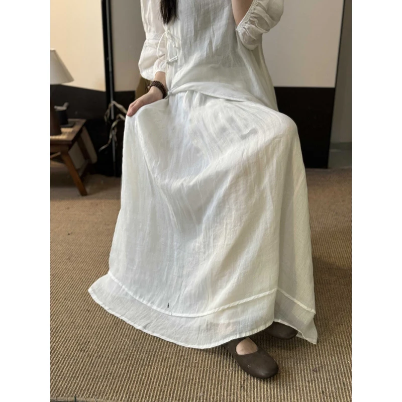 Summer New Style Quality Ramie Handmade Buckle Lace Lace Guofeng dress Double-Layer Skirt suit