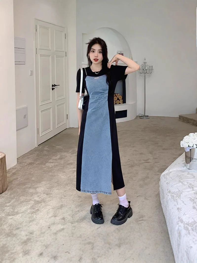 plus size Vintage Denim dress Women's Summer Skirt Casual Slim Fit Two-piece dress