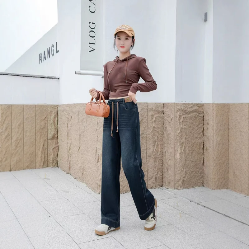 Elastic Wide-Leg Soft Denim Jeans for Women, High-Waisted, Four-Way Stretch, Straight-Leg Pants, Vintage Style, Slimming, Loose, Soft, Casual Pants, Versatile