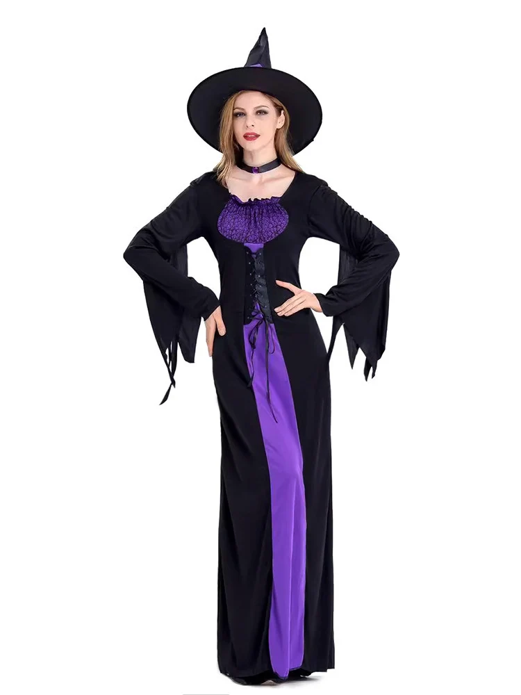 Amazon Cross-Border Halloween Purple Witch Costume Magician Long Skirt Wizard Cosplay Stage Performance Costume