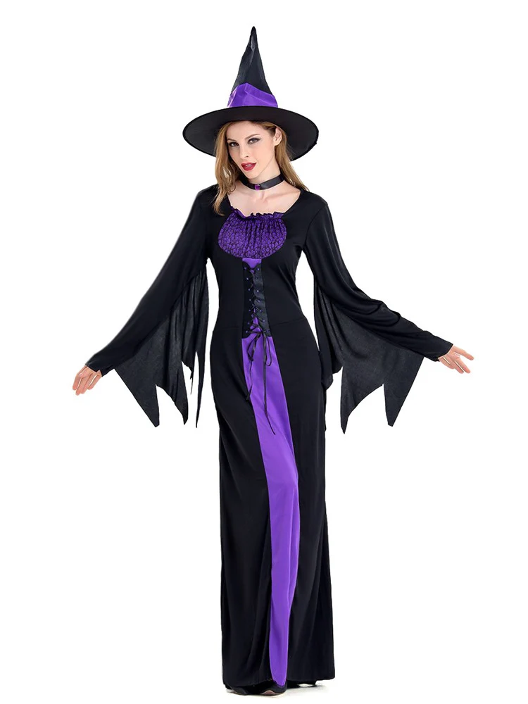 Amazon Cross-Border Halloween Purple Witch Costume Magician Long Skirt Wizard Cosplay Stage Performance Costume
