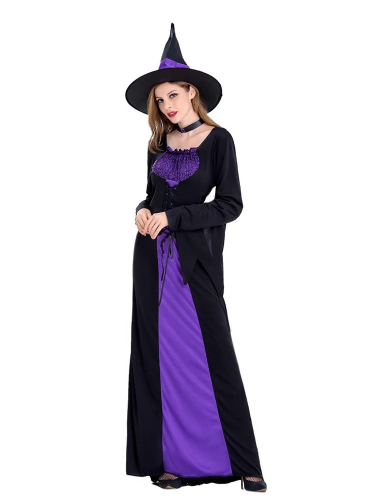 Amazon Cross-Border Halloween Purple Witch Costume Magician Long Skirt Wizard Cosplay Stage Performance Costume