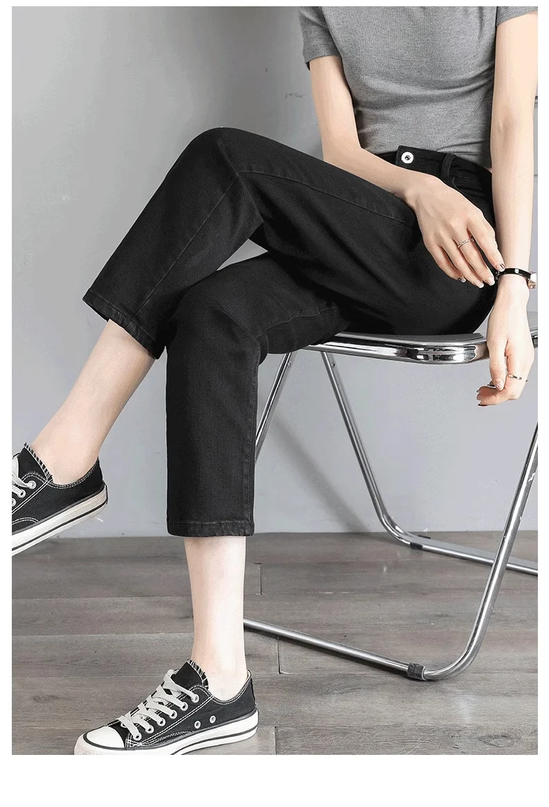Black Straight-Leg Jeans for Women, 2026 New Summer Thin Style, Petite High-Waisted Slimming Cropped Cigarette Pants