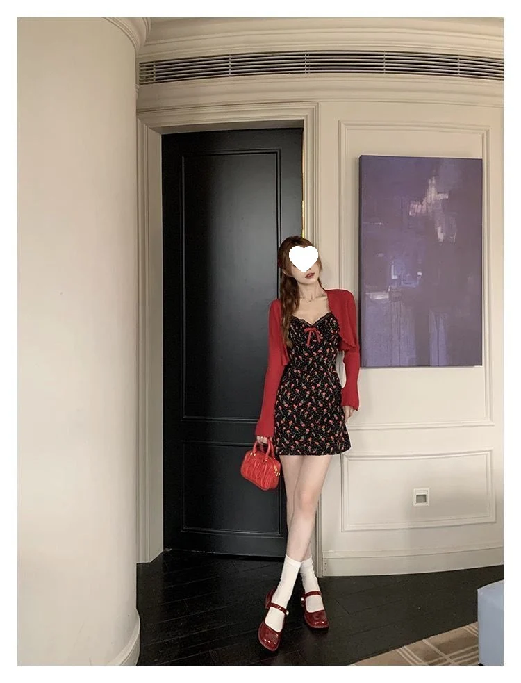 Plus Size Fat mm French Sweet Sexy Sweet Contrasting Suspender Skirt Women's Summer Red Cardigan + Floral Skirt Two-Piece Set