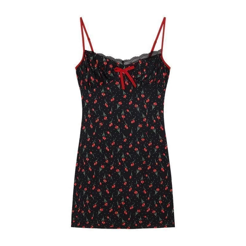 Plus Size Fat mm French Sweet Sexy Sweet Contrasting Suspender Skirt Women's Summer Red Cardigan + Floral Skirt Two-Piece Set