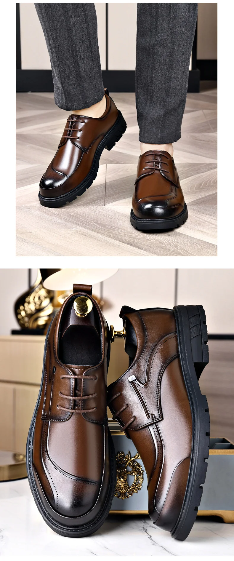 Men's Casual Leather Shoes Popular Lace-Up Round Toe Thick Sole Big Head Brown Fashion British Versatile Business Formal Men's Shoes