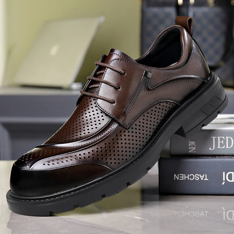 Men's Casual Leather Shoes Popular Lace-Up Round Toe Thick Sole Big Head Brown Fashion British Versatile Business Formal Men's Shoes