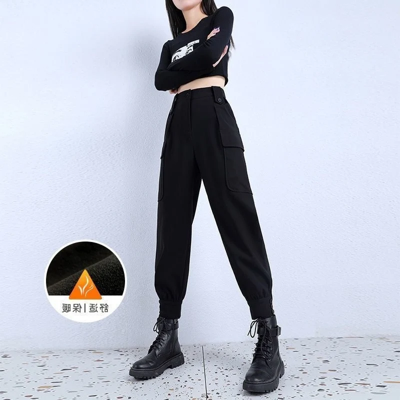 Women's Fleece-Lined Thickened Winter Korean-Style Cargo Pants, Jogger Loose Slimming Ins Harem Casual Pants for Students