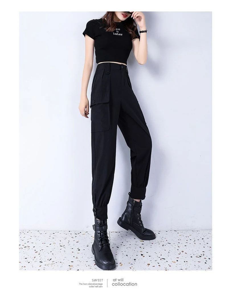 Women's Fleece-Lined Thickened Winter Korean-Style Cargo Pants, Jogger Loose Slimming Ins Harem Casual Pants for Students