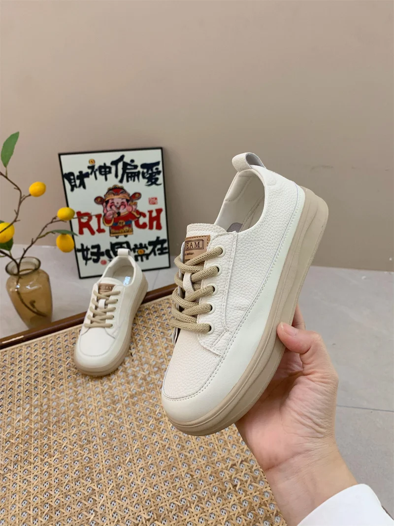 Genuine Leather Retro Sneakers for Women 2025 Spring & Fall New Niche High-Bottom Soft-Soled White Shoes Flats-Soled Sports and Casual Shoes
