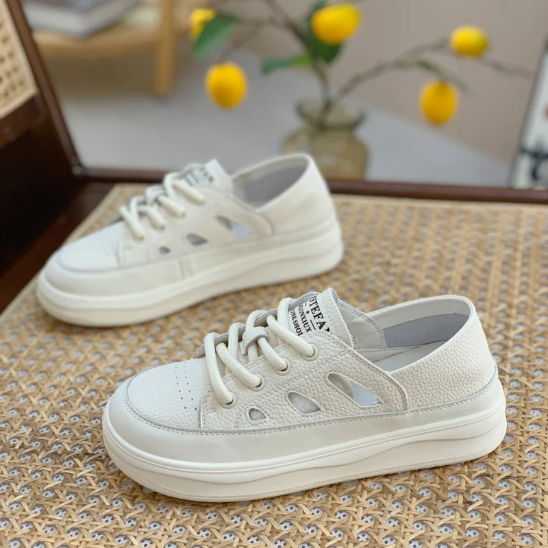 Genuine Leather Retro Sneakers for Women 2025 Spring & Fall New Niche High-Bottom Soft-Soled White Shoes Flats-Soled Sports and Casual Shoes