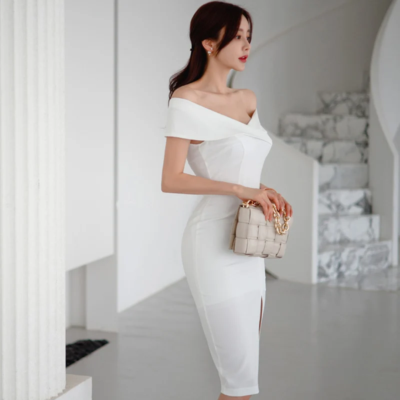 Foreign Trade Women's 2023 Korean Style Summer Dress New Style Private Dress Socialite Sexy One-Shoulder Collar Slim-Fit Hip Dress