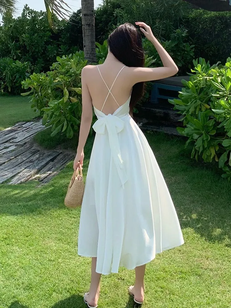 Sanya Travel Wear Internet Popular Sling Backless dress Summer Slim White Fairy Dress Seaside Holiday Beach Dress