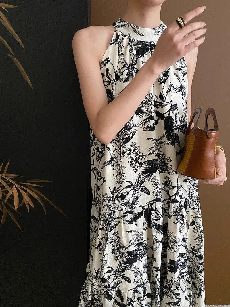 French Ink Print Sling dress Summer 2024 New Elegant Cool Beach Seaside Holiday Midi Dress