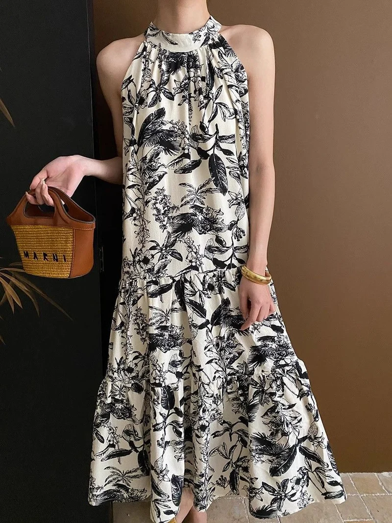 French Ink Print Sling dress Summer 2024 New Elegant Cool Beach Seaside Holiday Midi Dress