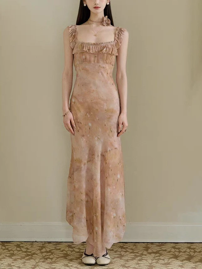 Midsummer Oil Painting Series & High-set Oblique Cut Mid-length French Printed Sling dress
