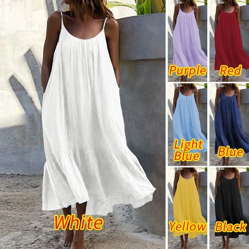 2024 Summer European and American New Ruffled Solid Color Long Dress Sleeveless Loose Thin Shoulder Strap Dress Summer dress