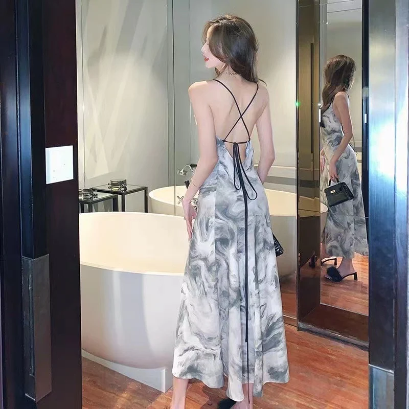 Elegant Socialite High Waist Sling dress Summer 2023 New French Backless Design Chic Midi Dress