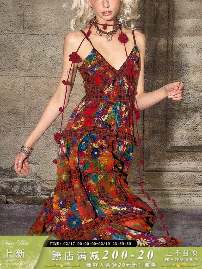 TheNeverMo Fireworks Burning Spring French Retro V-neck Strap Floral Long Dress for Holiday dress Summer