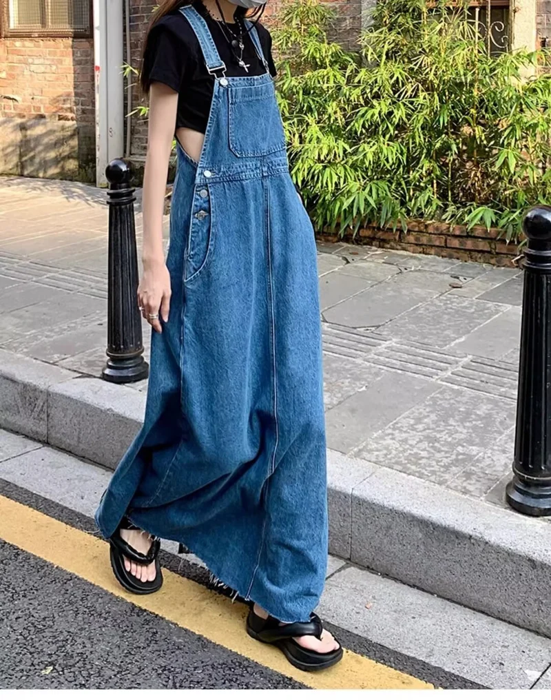 Age-Reducing and Slimming Denim Suspender Dress for Women, 2026 Autumn New Style, Loose Fit, Long Dress for Tall Women, Blue Dress