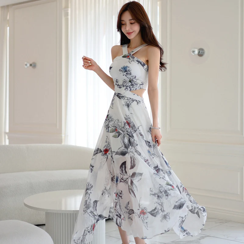 Foreign Trade Women's 2025 Summer New Temperament Sling Long Dress Fashion Waist Chiffon Printed Large Swing Dress dress