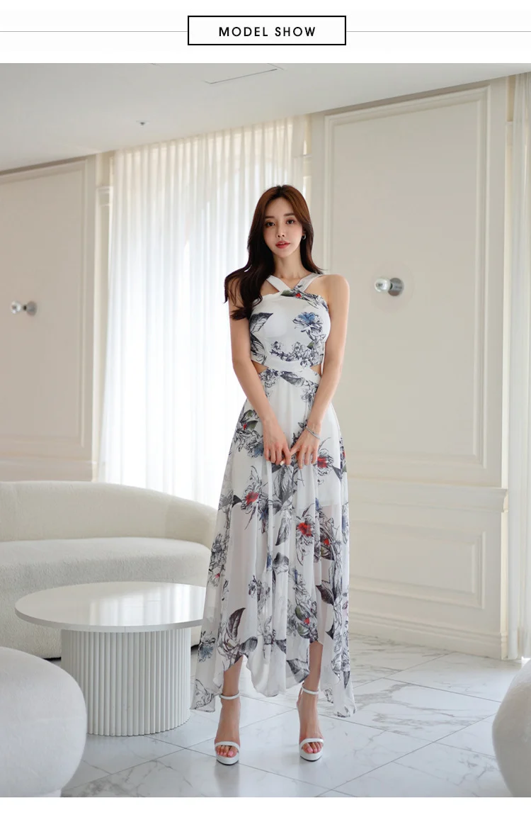 Foreign Trade Women's 2025 Summer New Temperament Sling Long Dress Fashion Waist Chiffon Printed Large Swing Dress dress