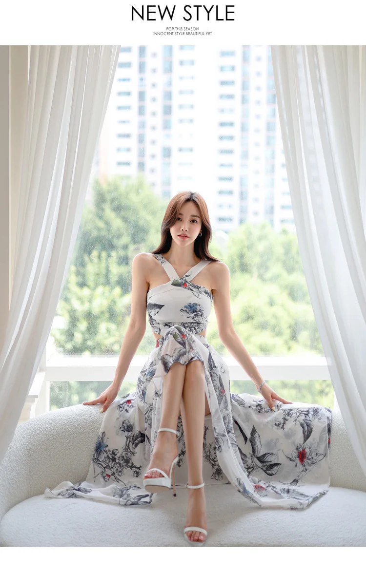 Foreign Trade Women's 2025 Summer New Temperament Sling Long Dress Fashion Waist Chiffon Printed Large Swing Dress dress